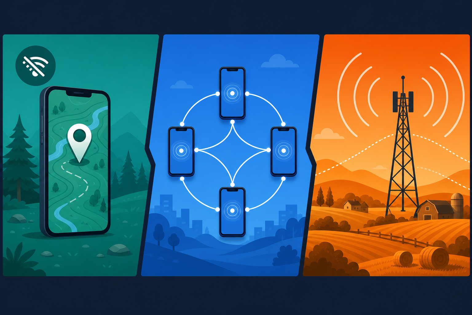 Illustration of offline GPS on a phone, Bluetooth mesh links between devices, and long-range LoRa coverage over rural terrain.