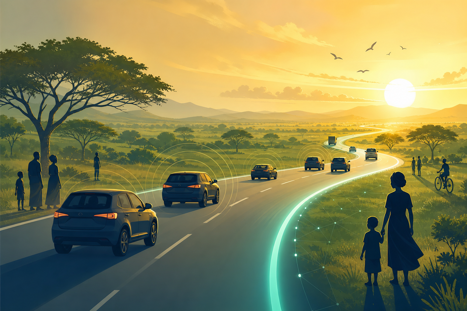Sunrise over a wide highway with vehicles, suggesting safer travel and community-wide road safety outcomes.